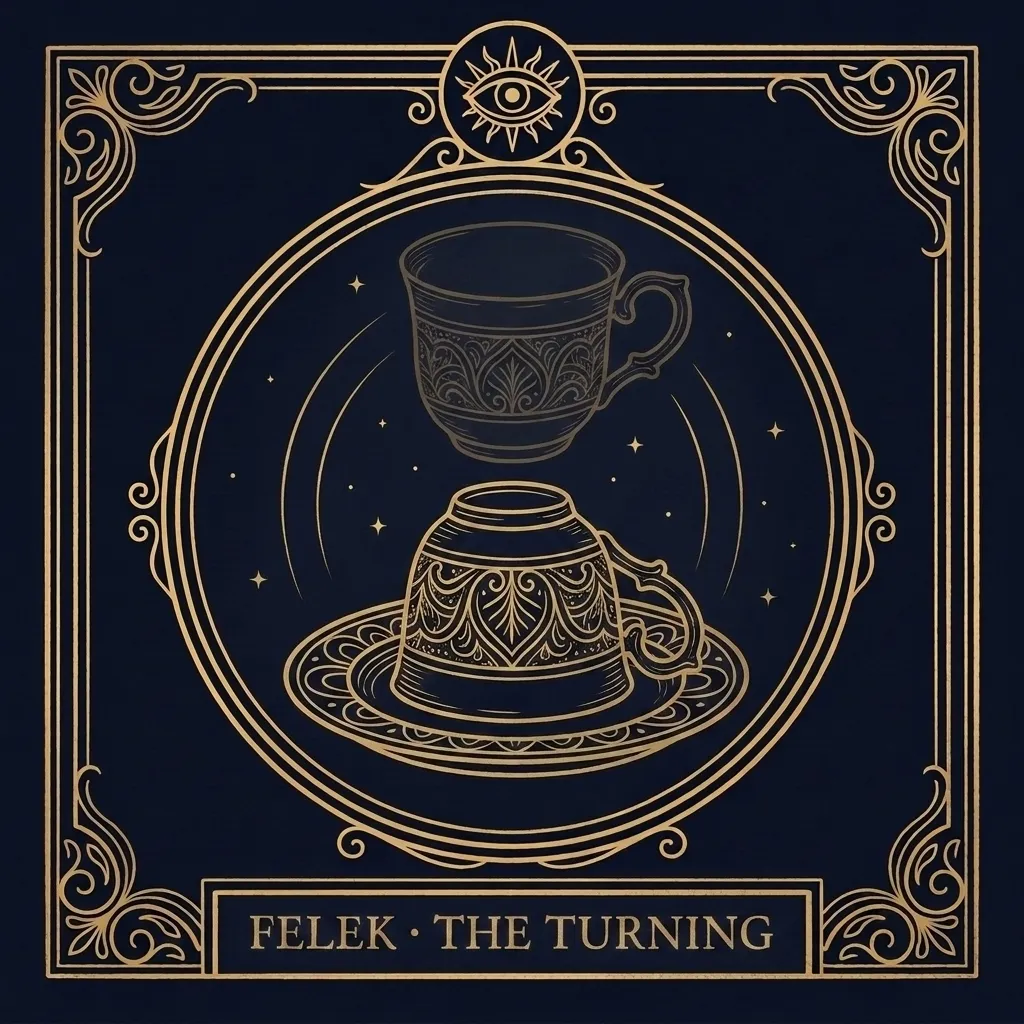 The Turning: flipping the cup onto the saucer, tarot-card illustration